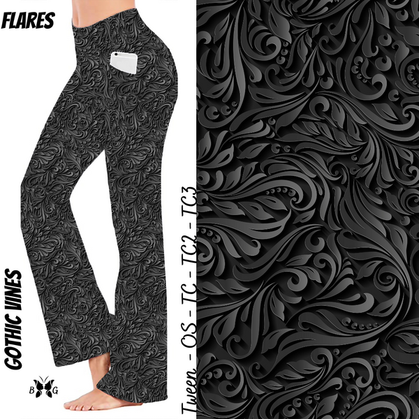 Luxury Black Gothic Vines Yoga Flares with Pockets