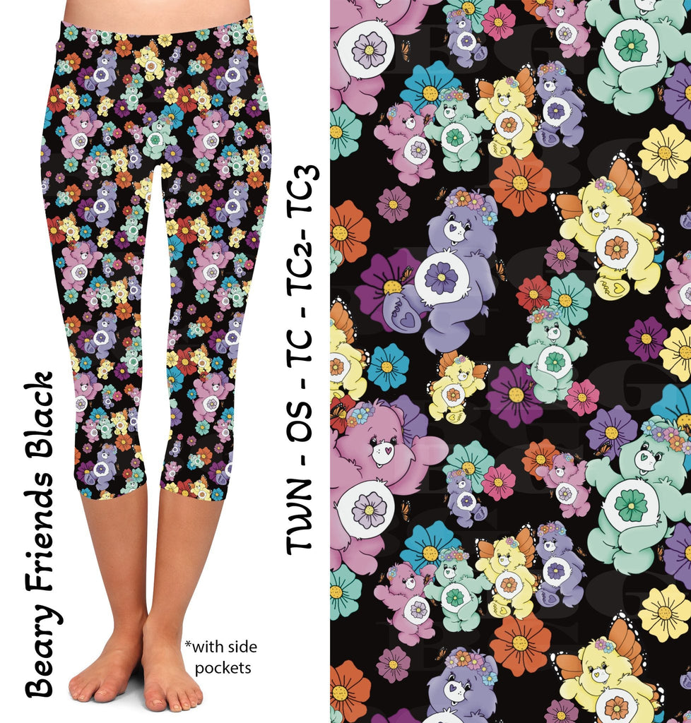 Beary Friends on blk- Capri Legging with Pockets