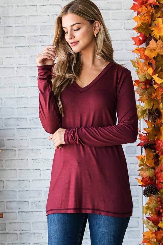 ET7014-10 V NECK SOLID TOP WITH STITCH: BURGUNDY / 2-2-2 (1X-2X-3X)