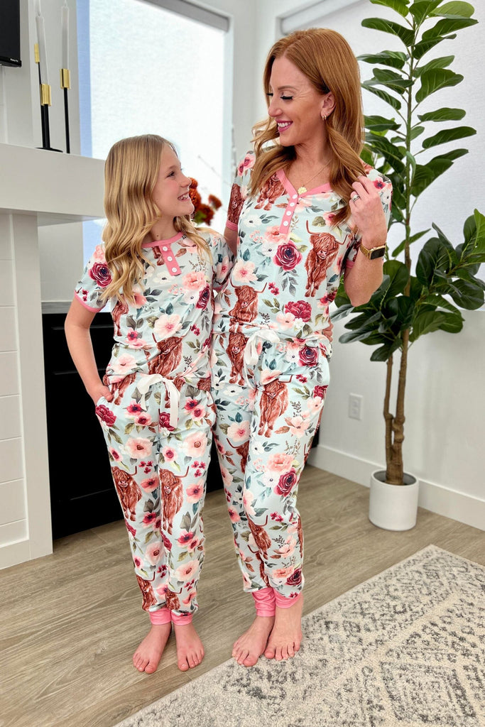 Preorder:Matching Short Sleeve Jogger PJ Set -#1-Cow Flora (Close2.25.2024)