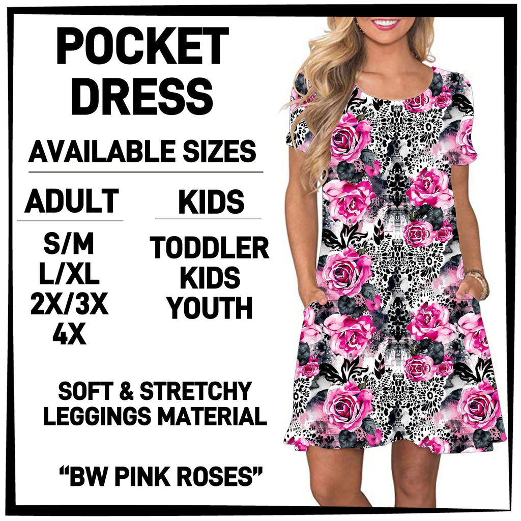 P3KD - BW Pink Roses Pocket Dress - Preorder ETA: Early March