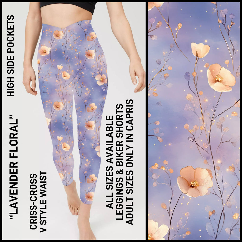 CV1P - Lavender Floral Criss Cross V-Waist Biker/Capris/Leggings with High Side Pockets - Preorder ETA: Late March