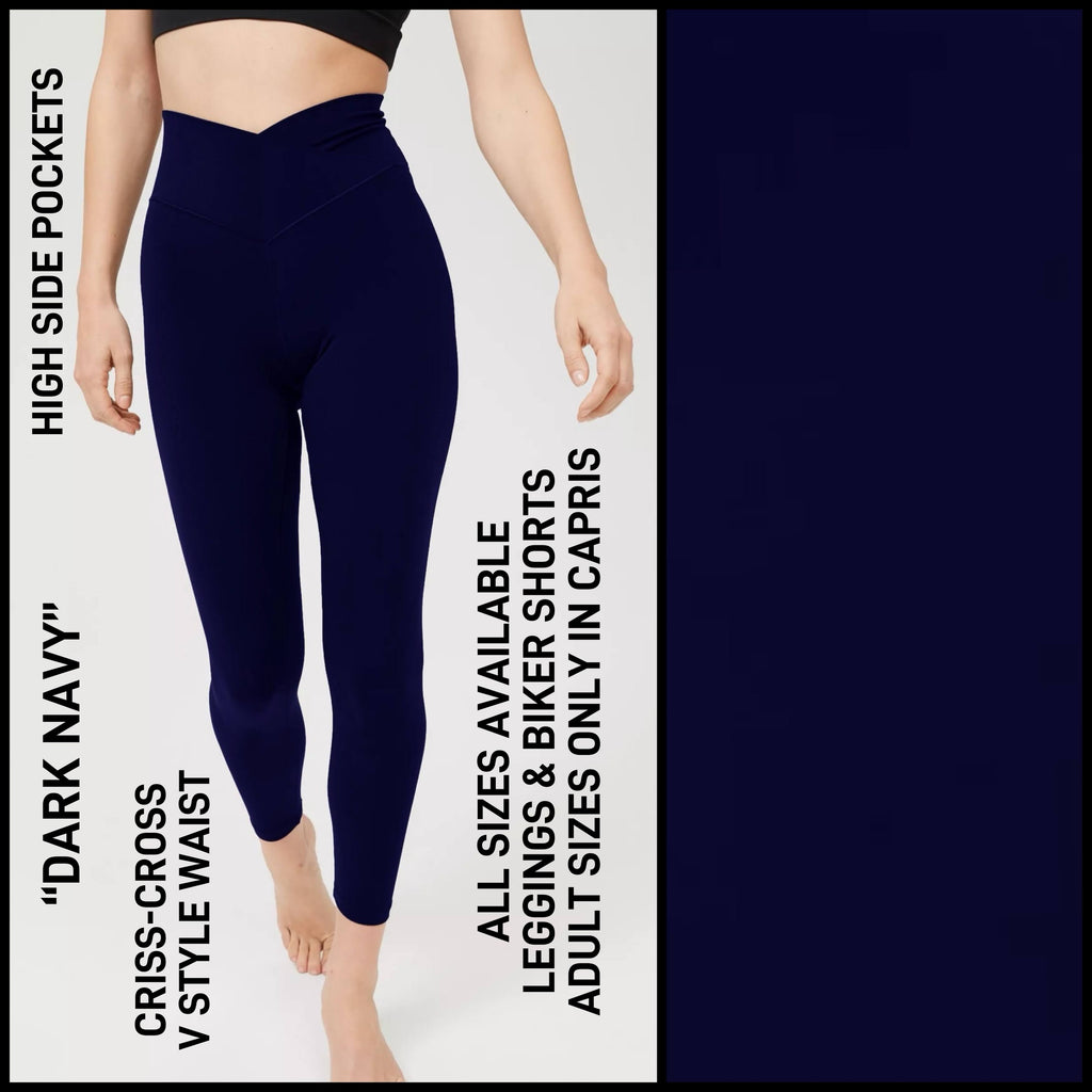 CR1V - Dark Navy Criss Cross V-Waist Biker/Capris/Leggings with High Side Pockets - Preorder ETA: Late Dec