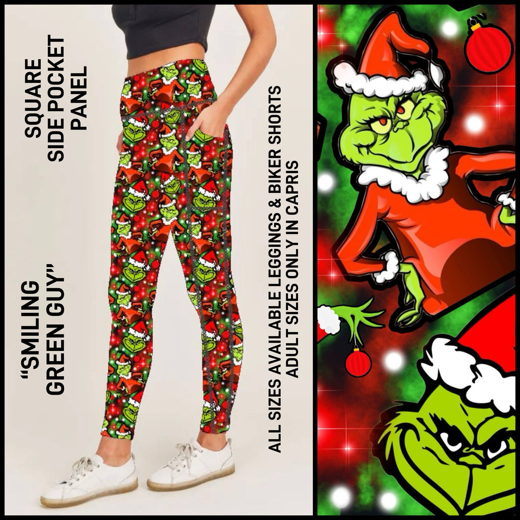 SQ1P - Smiling Green Guy Biker/Capris/Leggings with Square Side Pocket Panel - Preorder ETA: Late Dec