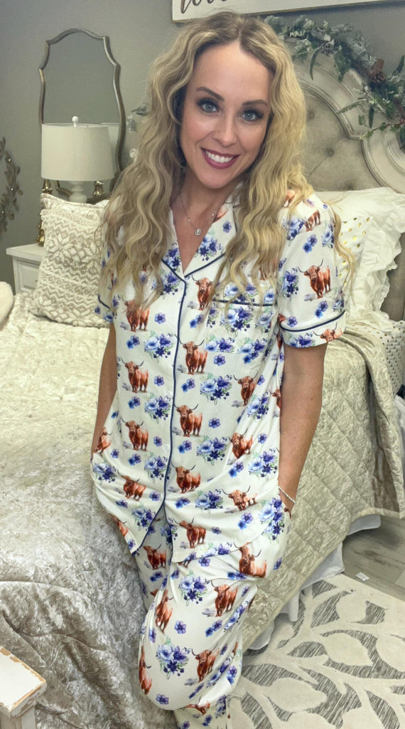 New Button Down Pant PJ Set-#6-Lavender Flora Cow