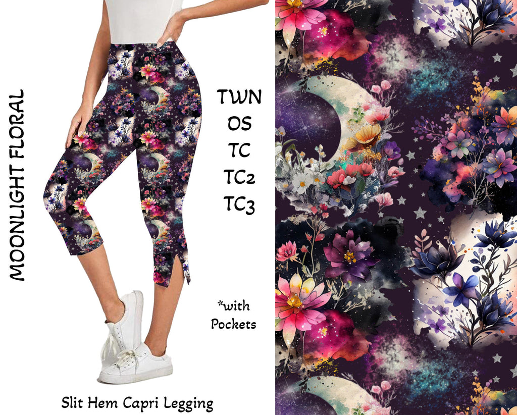 Moonlight Floral Side Slit Hem Capri Leggings with Pockets