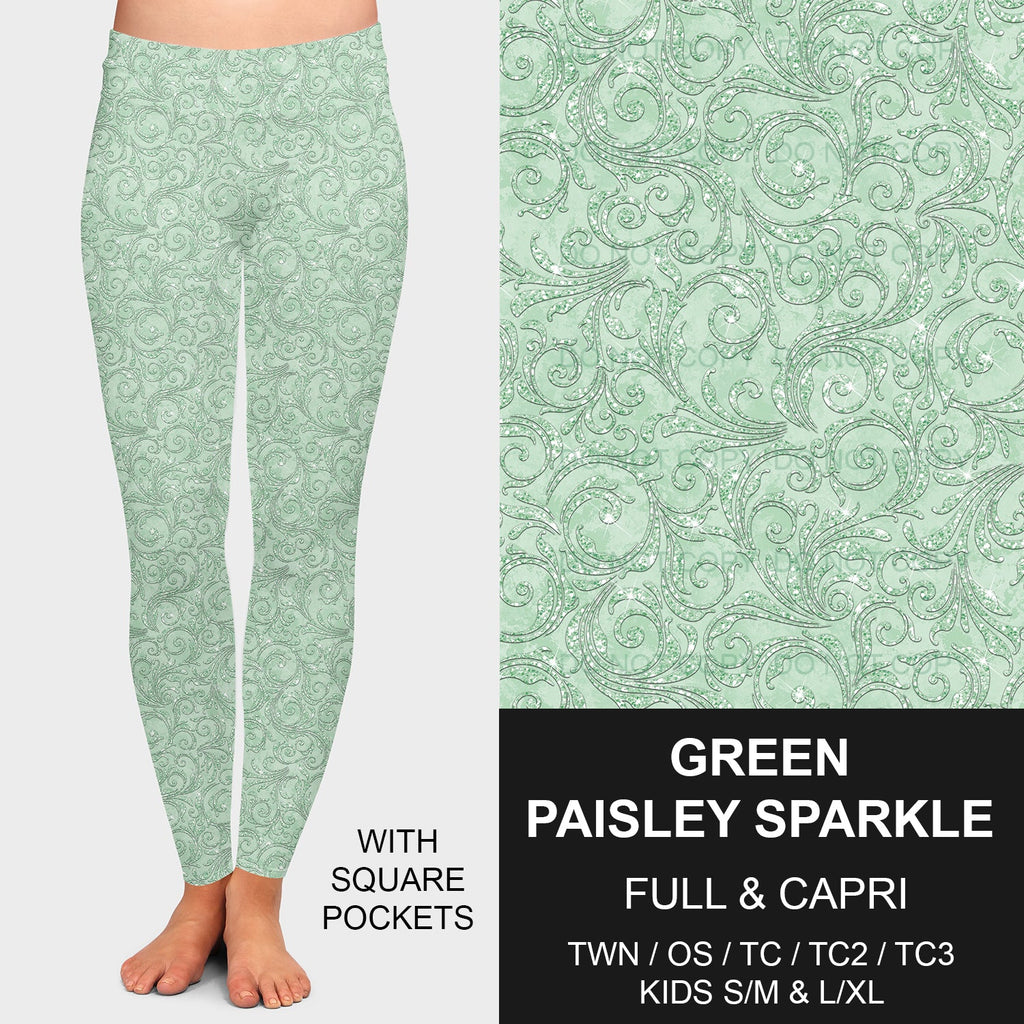 B207 - Preorder Green Paisley Sparkle Leggings w/ Pockets (Closes 1/21. ETA: late April)