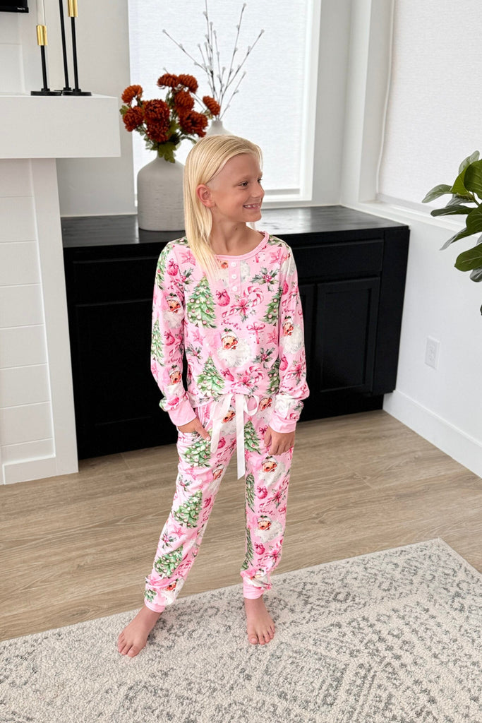 Matching LS Jogger PJ Set -#5-Pink Santa