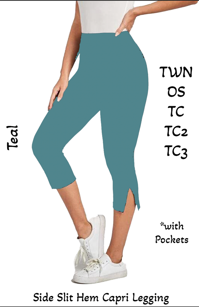 Teal Side Slit Hem Capri Leggings with Pockets