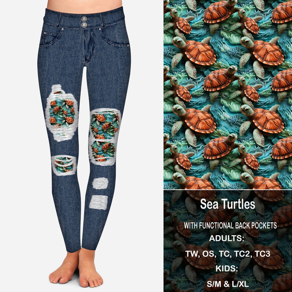 Sea Turtles Faux Denim Peekaboo Leggings with Pockets