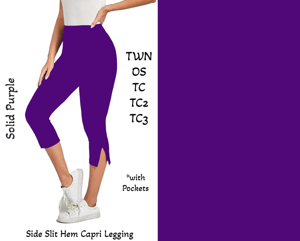 Solid purple Side Slit Hem Capri Leggings with Pockets