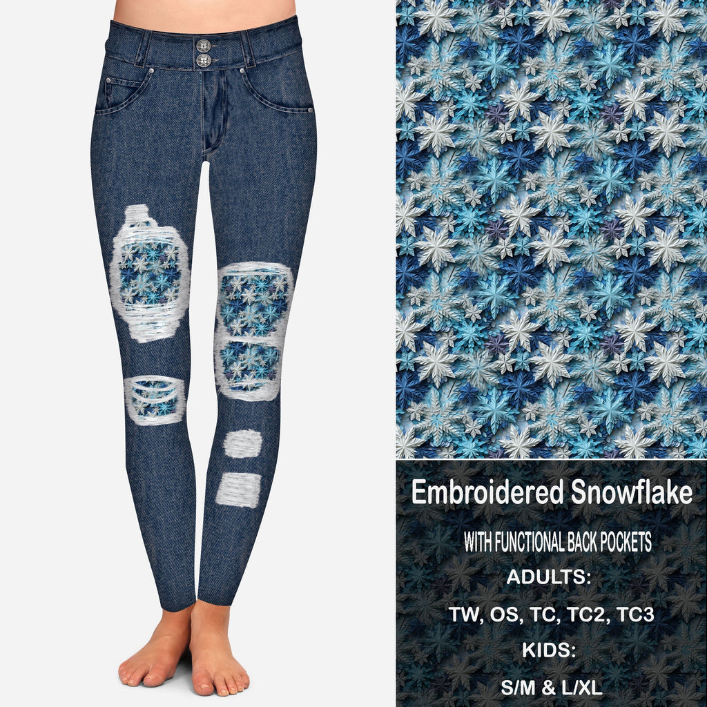 Enchanted Snowflake Faux Denim Peekaboo Leggings with Pockets