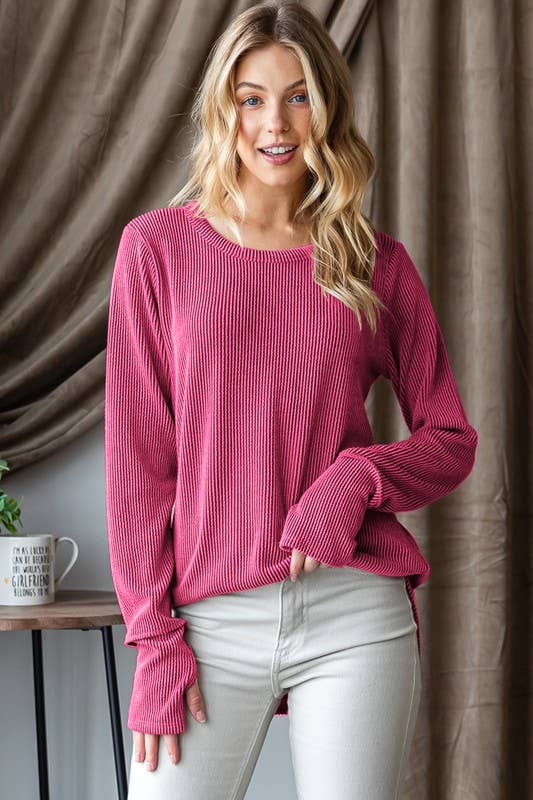 ET7660-10 LONG SLEEVE SOLID URBAN RIBBED TOP WITH THUMBHOLE: HOT PINK / 2-2-2 (S-M-L)