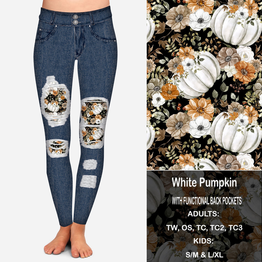 White Pumpkins Faux Denim Peekaboo Leggings with Pockets